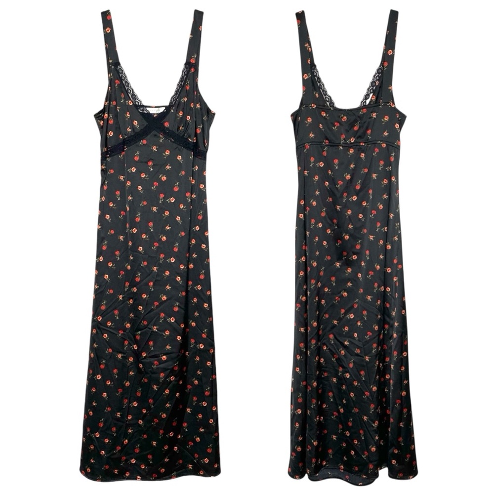 Altar'd State Floral Rose Satin Midi Slip Dress Black Size Small Goth Lace Trim